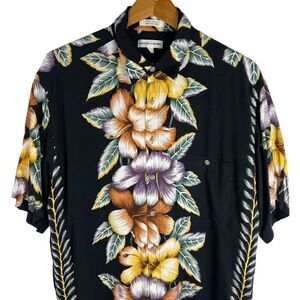 Pierre Cardin Hawaiian Camp Button Shirt Mens Sz Large Black Floral Beach Hawaii
